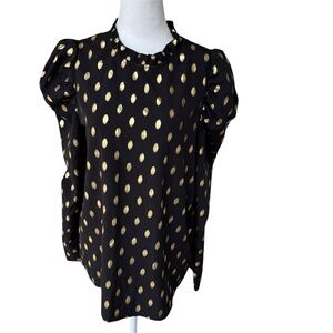 SHEIN Black Blouse with Gold Dots Women Size Large 8 10 Puff Long Sleeve Ruffle